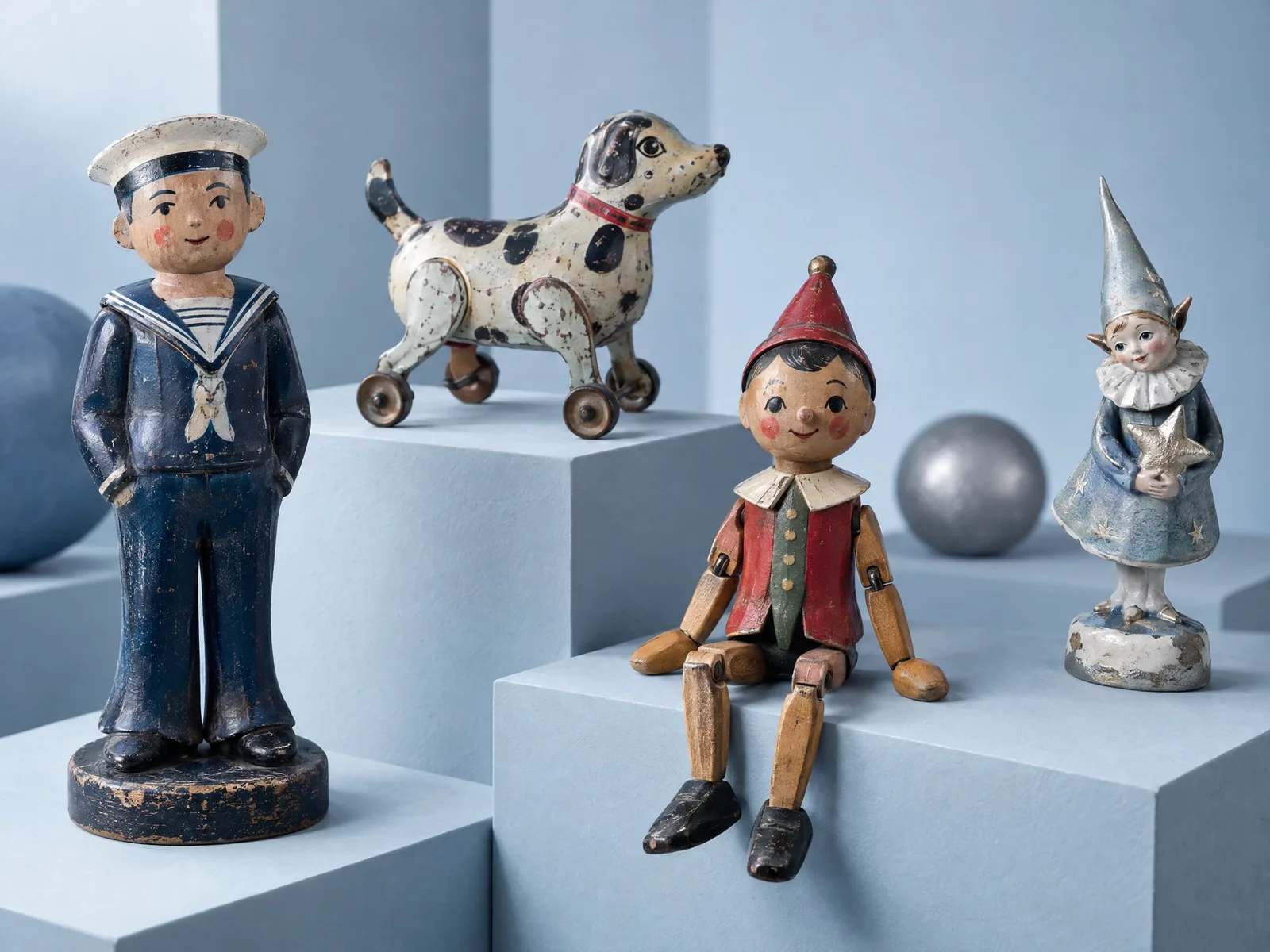 Illustrative painted wooden sailor, tin animal and whimsical collectible toy figures.