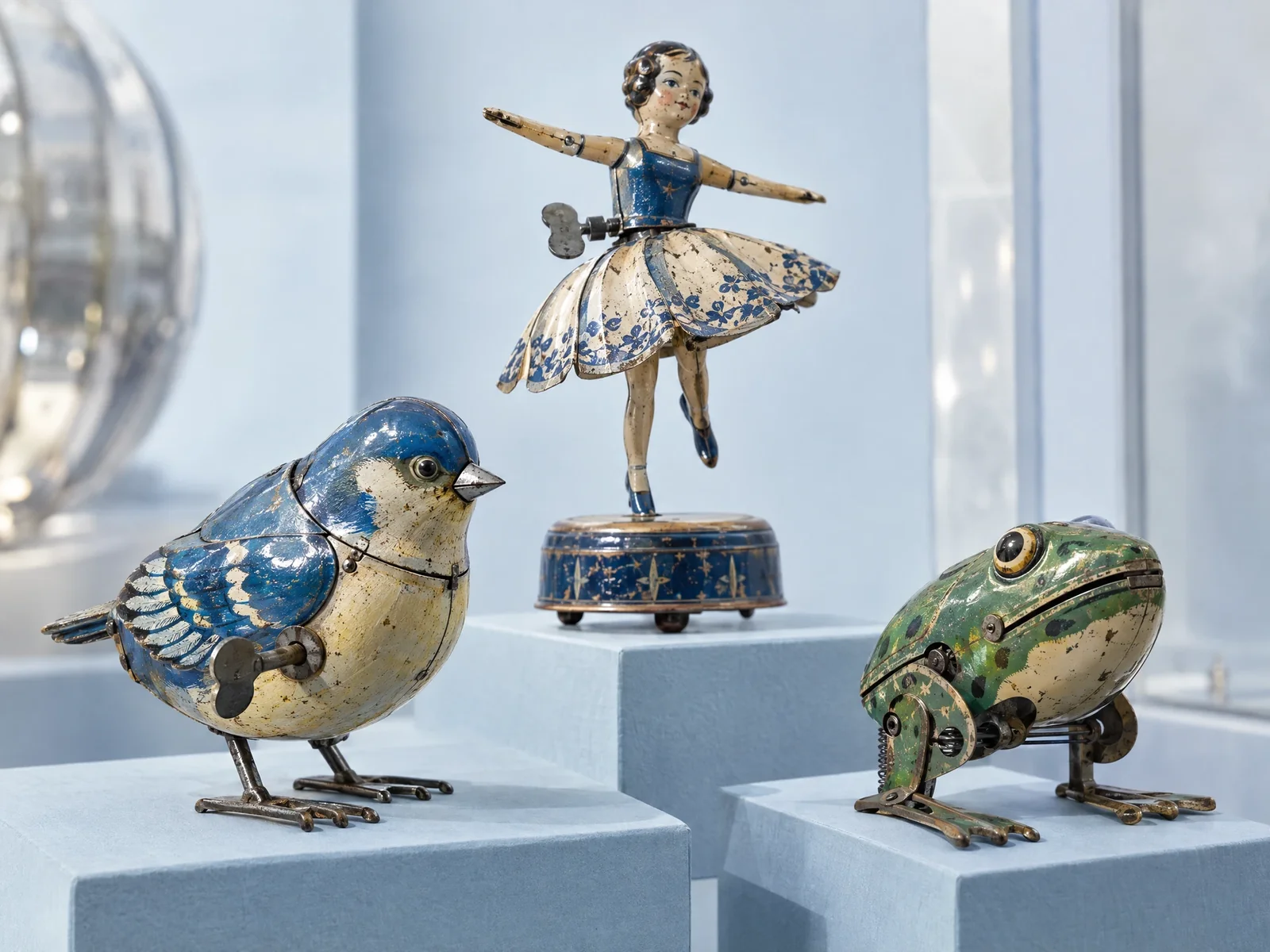 Illustrative wind-up bird and other vintage-style clockwork toys on pale blue plinths.