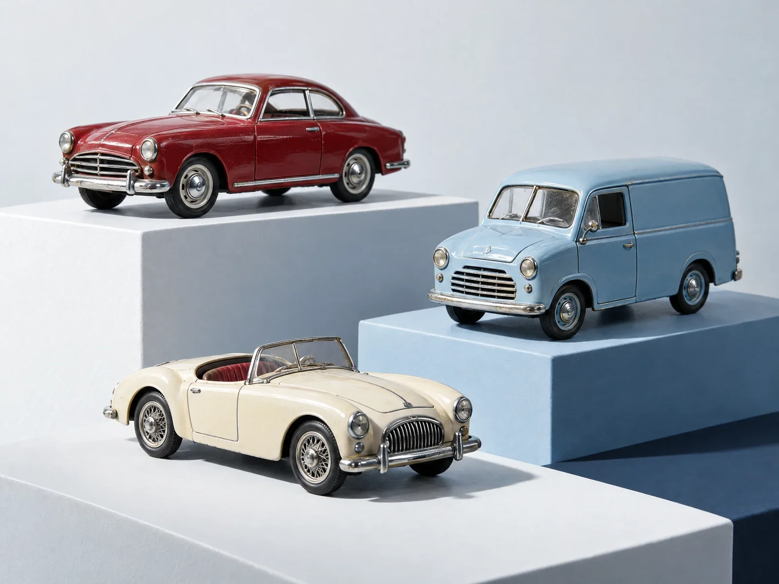 Illustrative miniature red coupe, blue van and cream roadster with silver trim.