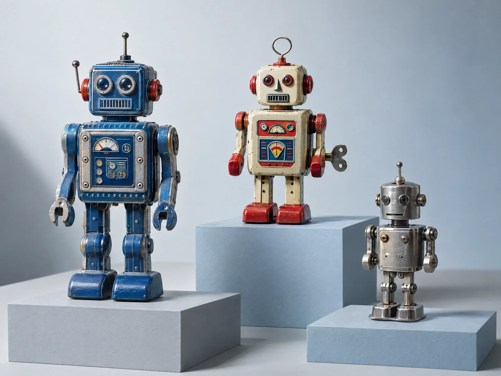 Illustrative group of vintage-style toy robots showing painted metal details.